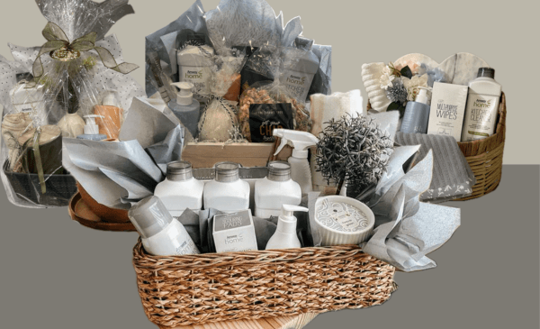 A customized welcome basket featuring kitchen cleaner, multi-purpose wipes and protective hand soap. Fun gift idea for real estate professionals. Welcome home baskets.