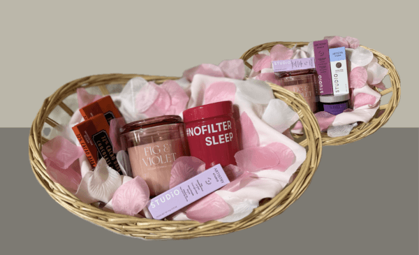 Image of a personalized gift basket, featuring polishing mask, CBD facial oil, lip balm & moisturizer with antioxidant boost. Gourmet gift baskets. Unique gift baskets.